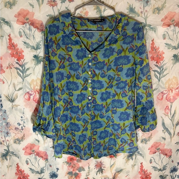 Vintage Floral Blue and Green Blouse - Picture 1 of 10